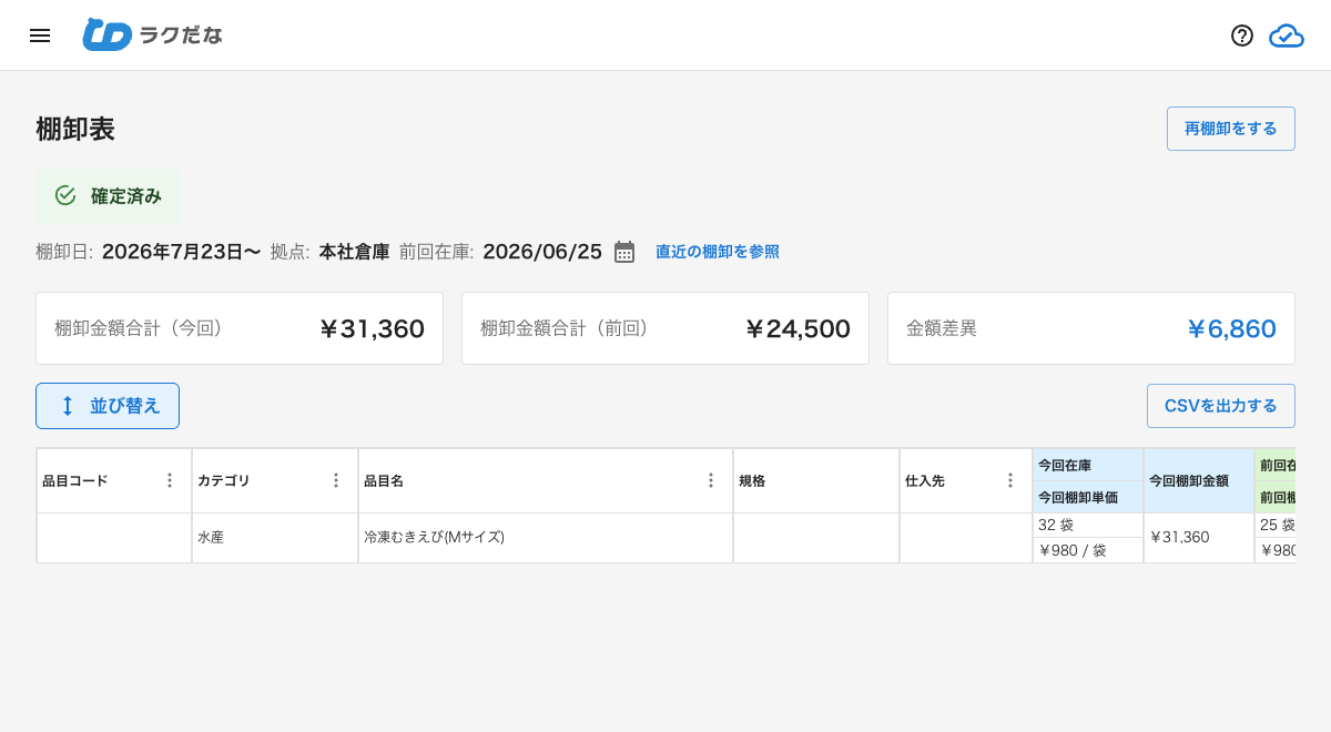 確定済みの棚卸表画面