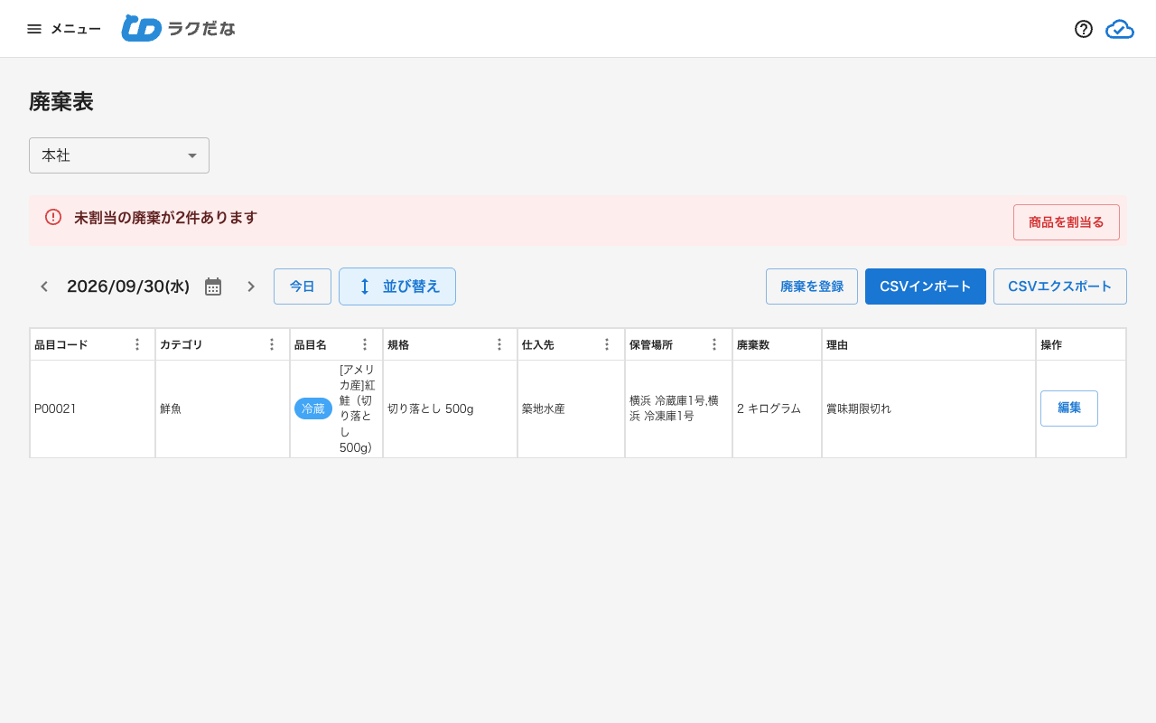 割り当て後の廃棄表